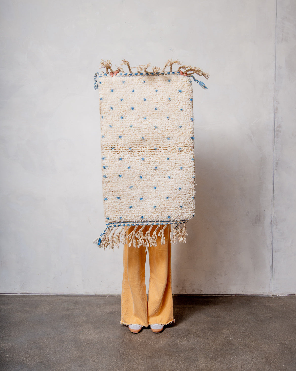 Modern, designer, handcrafted Berber rug from Morocco. Beniourain carpet with beautiful colours and patterns and fluffy wool texture.